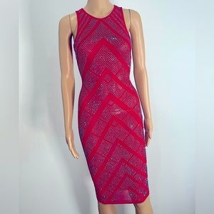 Red Mesh Rhinestones Midi Dress